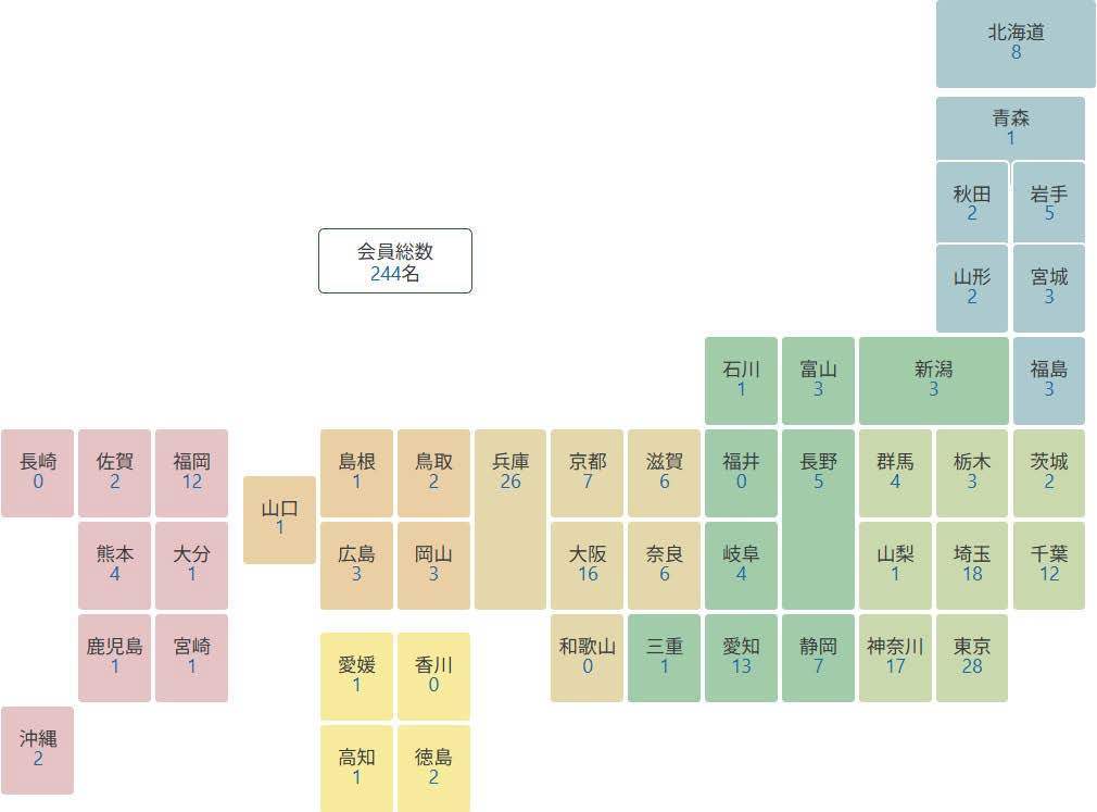 都道府県ごとの会員数が記載された日本地図