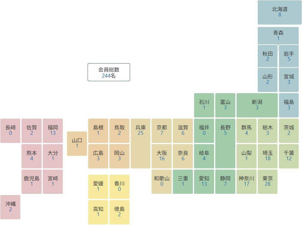 都道府県ごとの会員数が記載された日本地図