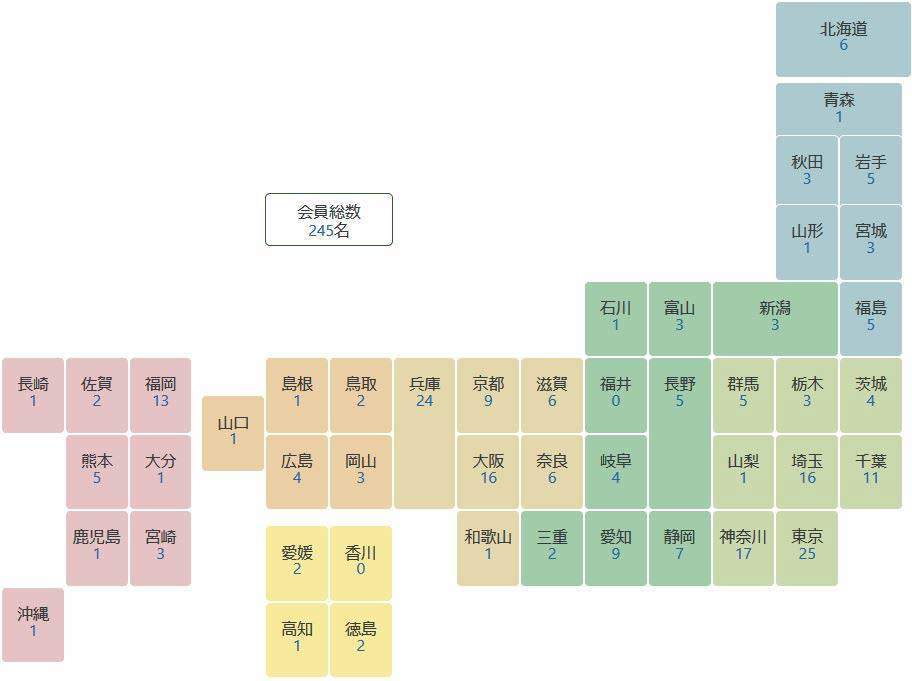 都道府県ごとの会員数が記載された日本地図